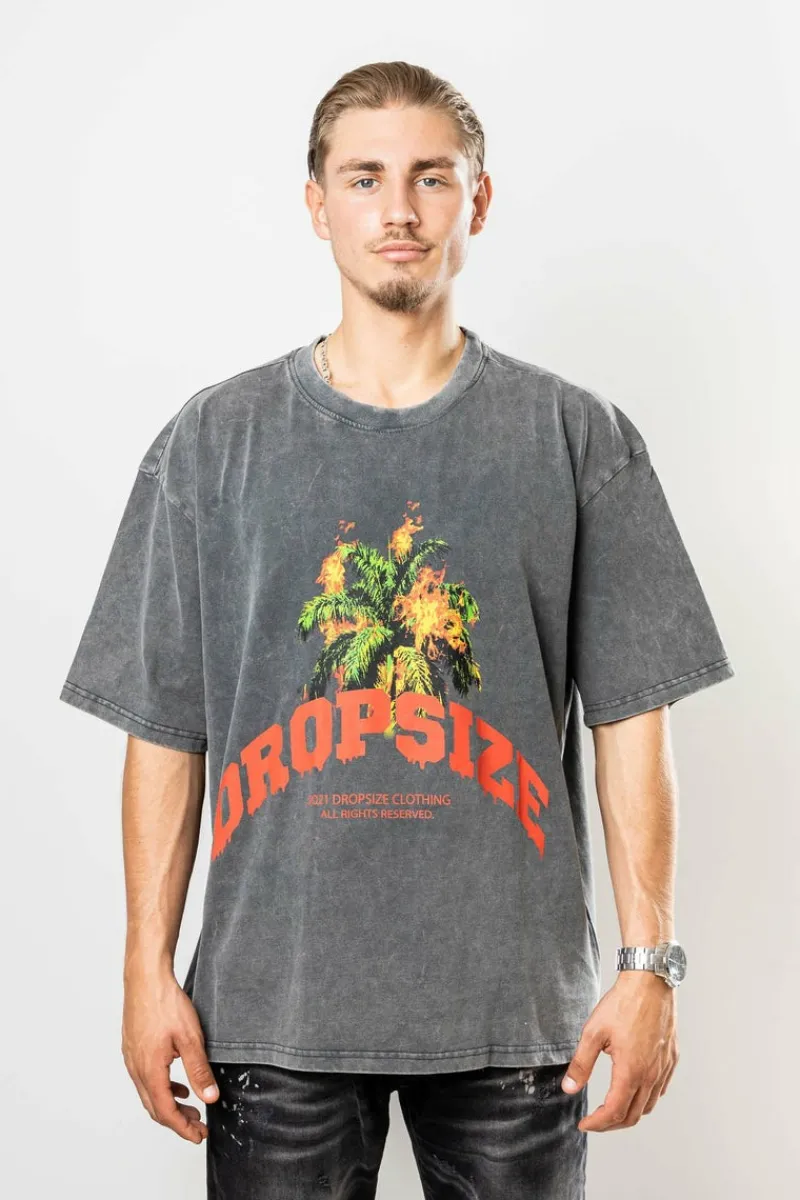 T-Shirt<Dropsize Burning Palm Design Heavy T-Shirt Acid Washed Black