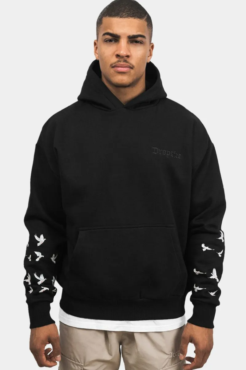 Hoodie<Dropsize Heavy Oversize Flying Pigeon Design Hoodie Black