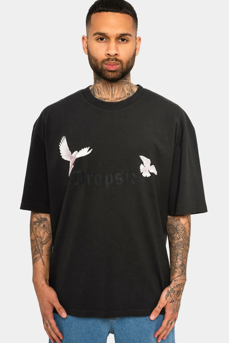 T-Shirt<Dropsize Heavy Oversize White Doves T-Shirt Washed Black