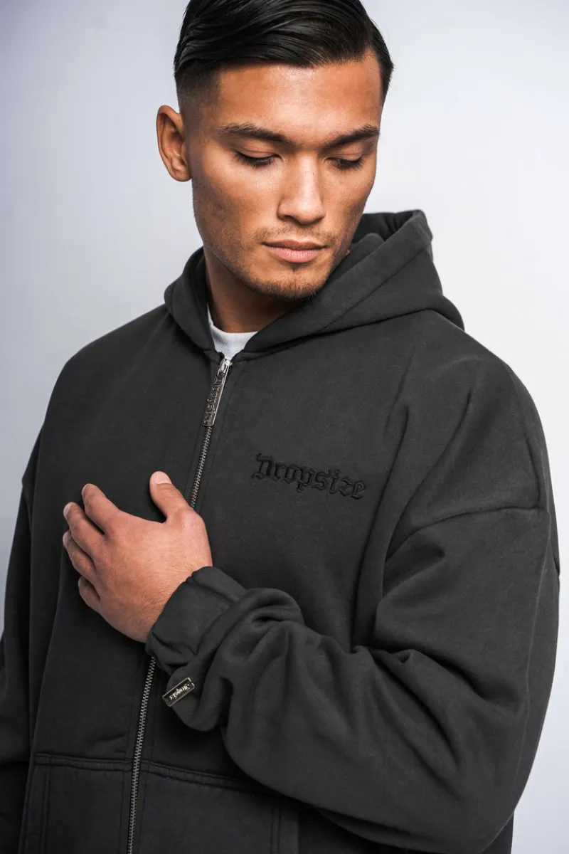 Zipper<Dropsize Super Heavy Oversize Logo Zip Hoodie Acid Washed Black