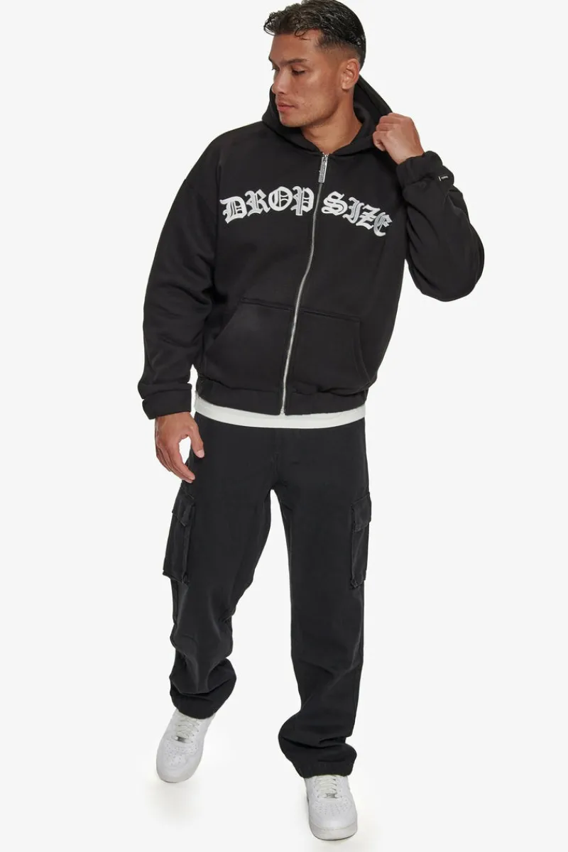 Zipper<Dropsize Super Heavy Oversize Mid Front Embo Zip Hoodie Black